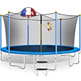 Merax 15 FT Trampoline with Safety Enclosure Net, Basketball Hoop and Ladder - 800LB ASTM Approved Kids Basketball Trampoline (Tricolor Backboard)